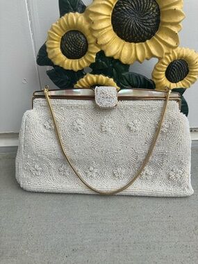 Vintage 50s 60s Cream White and Gold Allover Beaded Convertible Purse or Clutch